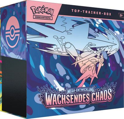 Pokémon-Sammelkartenspiel: Top-Trainer-Box Mega-Entwicklung – Wachsendes Chaos (1 Vollbild-Promokarte, 9 Boosterpacks &amp; Premium-Zubehör)